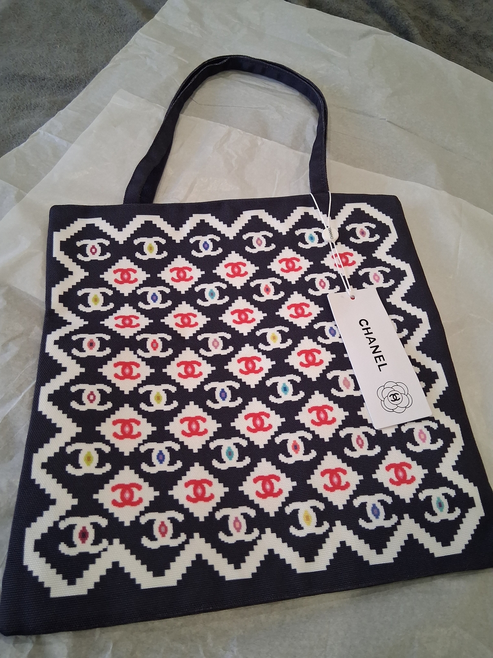 CHANEL GWP Navy BLUE  Canvas Tote with Multicolor CC Motif.